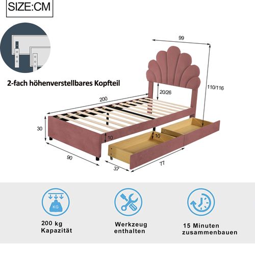 Lit Avec Rangement 90x200, Lit Simple Enfant Capitonné, Rangement, Sommier, Velours/bois, Rose