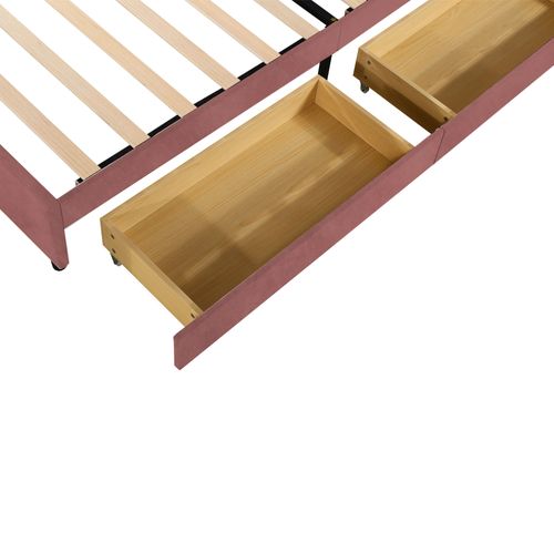 Lit Avec Rangement 90x200, Lit Simple Enfant Capitonné, Rangement, Sommier, Velours/bois, Rose