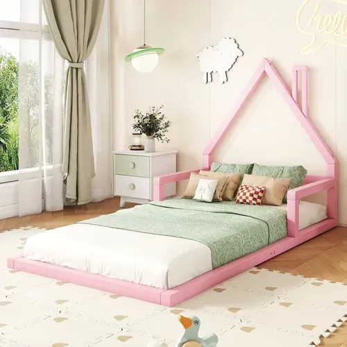 Lit Enfant 90x200 Cm - Lit Cabane Maison Ludique En Pin Et Mdf, Montage Requis - Rose