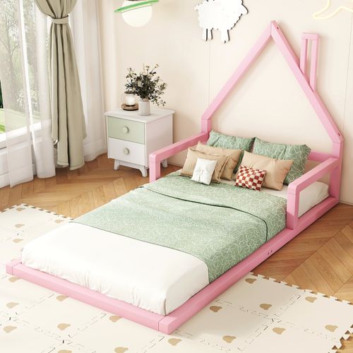 Lit Enfant 90x200 Cm - Lit Cabane Maison Ludique En Pin Et Mdf, Montage Requis - Rose