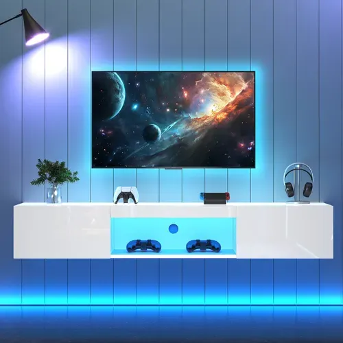 Meuble TV Avec LED Et Commande Bluetooth App - 160x31x22 Cm - Mdf - Blanc