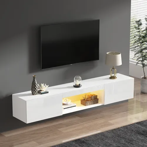 Meuble TV Avec LED Et Commande Bluetooth App - 160x31x22 Cm - Mdf - Blanc
