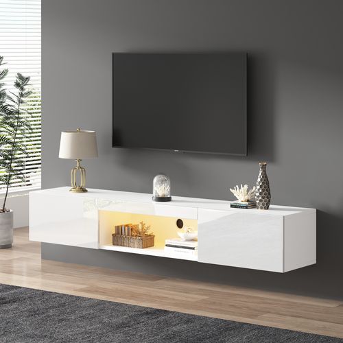 Meuble TV Avec LED Et Commande Bluetooth App - 160x31x22 Cm - Mdf - Blanc