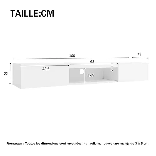 Meuble TV Avec LED Et Commande Bluetooth App - 160x31x22 Cm - Mdf - Blanc