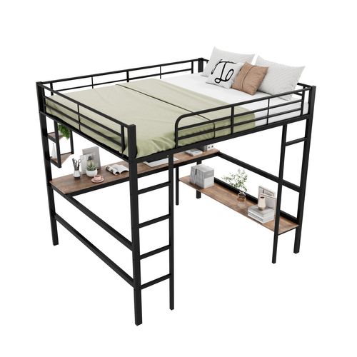 Lit Mezzanine 140x200 Cm - Lit Avec Bureau Et Étagères - Métal + Mdf - Noir
