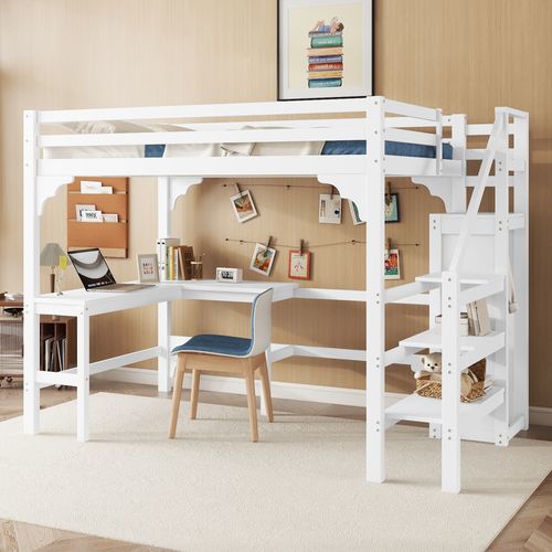 Lit Mezzanine 140x200 Cm - Lit Combiné Avec Bureau Et Armoire Ouverte, Lit Junior En Bois - Blanc