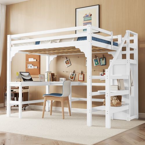 Lit Mezzanine 140x200 Cm - Lit Combiné Avec Bureau Et Armoire Ouverte, Lit Junior En Bois - Blanc