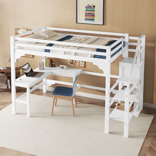 Lit Mezzanine 140x200 Cm - Lit Combiné Avec Bureau Et Armoire Ouverte, Lit Junior En Bois - Blanc