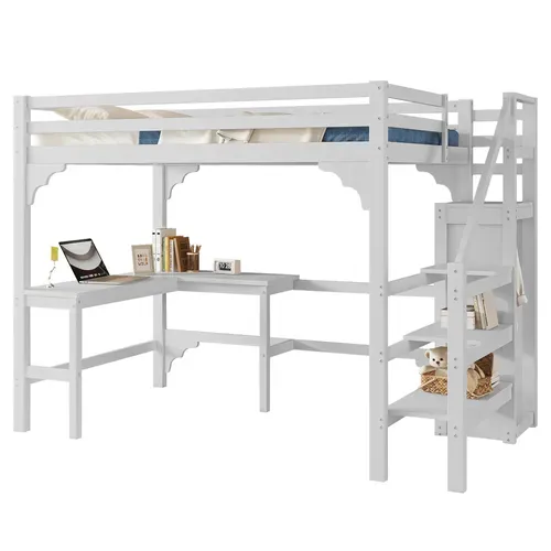 Lit Mezzanine 140x200 Cm - Lit Combiné Avec Bureau Et Armoire Ouverte, Lit Junior En Bois - Blanc