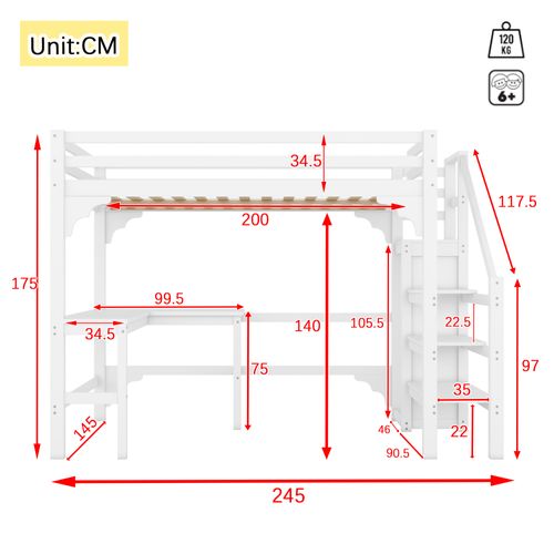 Lit Mezzanine 140x200 Cm - Lit Combiné Avec Bureau Et Armoire Ouverte, Lit Junior En Bois - Blanc