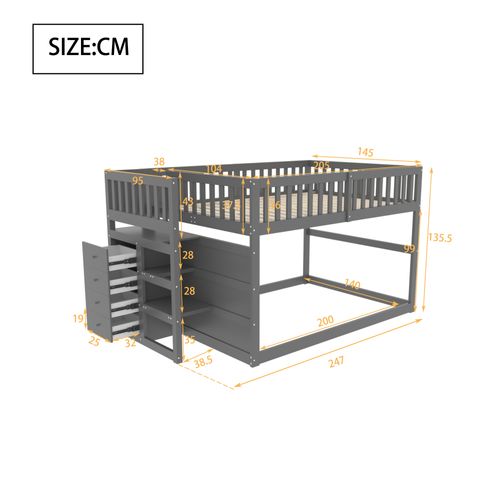 Lit Superposé 140x200 Cm - Lit Junior Avec Rangement Ouvert, Cadre Bois Avec Protection, Gris