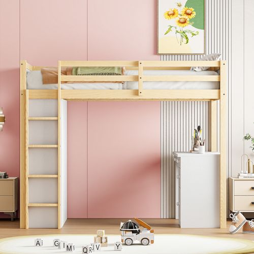 Lit Mezzanine 90x200 Cm - Lit Enfant Avec Bureau Et Rangement, Lit Combiné Bois Naturel Et Blanc