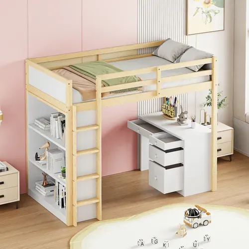 Lit Mezzanine 90x200 Cm - Lit Enfant Avec Bureau Et Rangement, Lit Combiné Bois Naturel Et Blanc