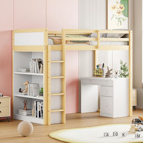 Lit Mezzanine 90x200 Cm - Lit Enfant Avec Bureau Et Rangement, Lit Combiné Bois Naturel Et Blanc
