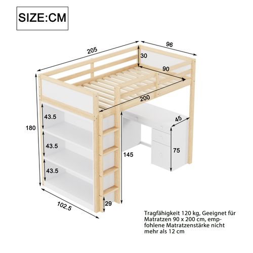 Lit Mezzanine 90x200 Cm - Lit Enfant Avec Bureau Et Rangement, Lit Combiné Bois Naturel Et Blanc