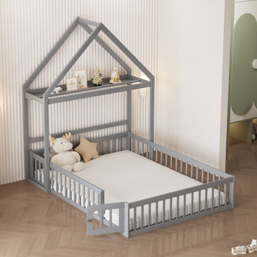 Lit Enfant 140x200 Cm - Lit Cabane Double Avec Barrières Et Porte, Cadre En Bois, Gris