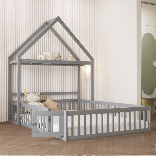 Lit Enfant 140x200 Cm - Lit Cabane Double Avec Barrières Et Porte, Cadre En Bois, Gris