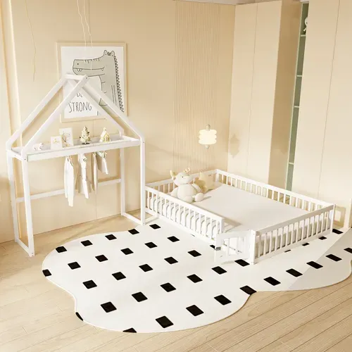 Lit Enfant 140x200 Cm - Lit Double Cabane Avec Grille Et Porte, Cadre En Bois, Blanc