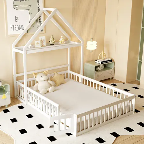 Lit Enfant 140x200 Cm - Lit Double Cabane Avec Grille Et Porte, Cadre En Bois, Blanc