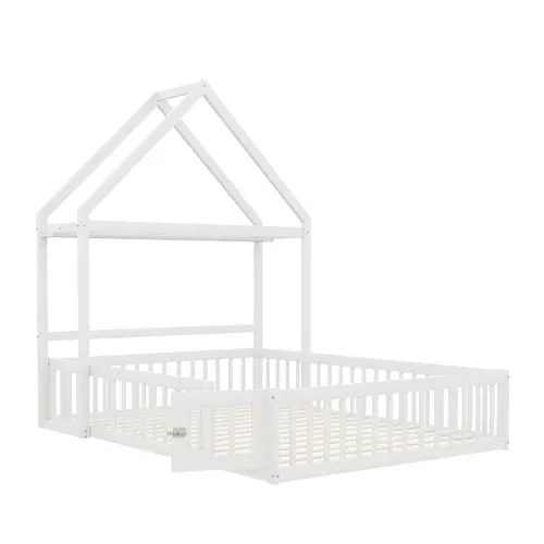 Lit Enfant 140x200 Cm - Lit Double Cabane Avec Grille Et Porte, Cadre En Bois, Blanc