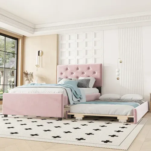 Lit Gigogne 90 X 200 Cm - Lit Simple Rembourré Avec Roulettes - Velours - Rose