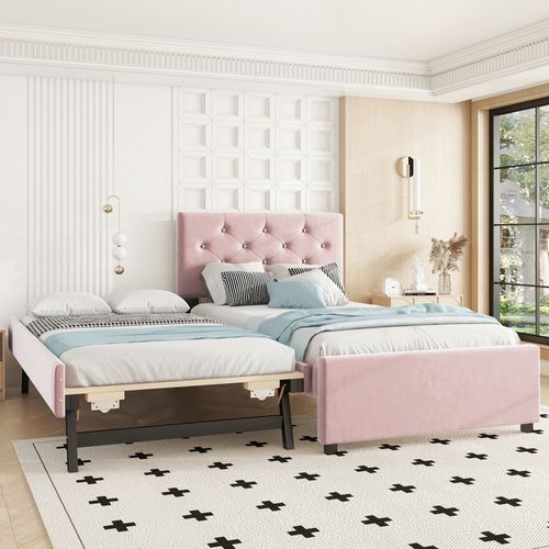 Lit Gigogne 90 X 200 Cm - Lit Simple Rembourré Avec Roulettes - Velours - Rose