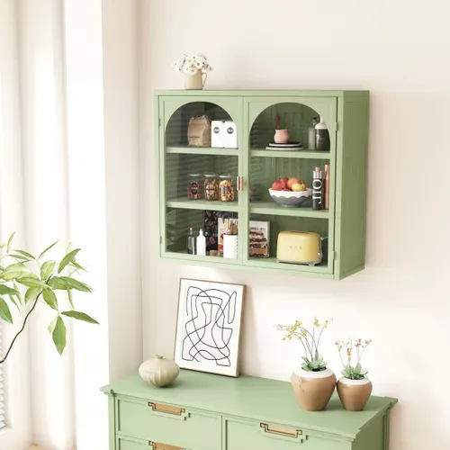 Armoire Murale - Armoire Murale En Verre Avec 2 Portes Pour Salon Et Salle De Bain - Métal Vert