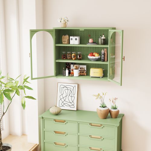 Armoire Murale - Armoire Murale En Verre Avec 2 Portes Pour Salon Et Salle De Bain - Métal Vert