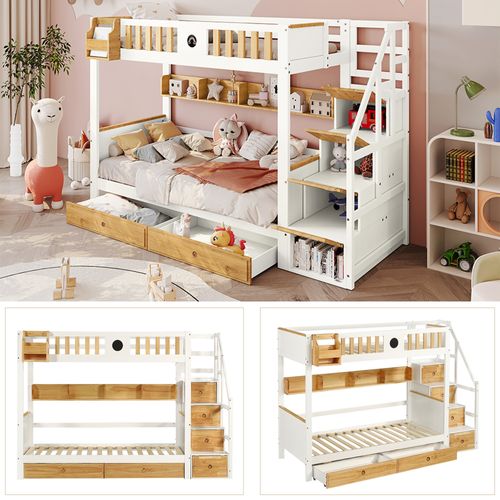 Lit Superposé Enfant 90x200 Cm, Escalier Rangement, 4 Armoires, 2 Tiroirs, Pin/mdf, Blanc/naturel