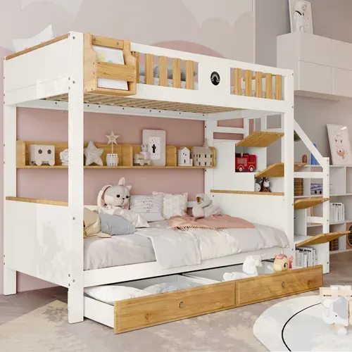 Lit Superposé Enfant 90x200 Cm, Escalier Rangement, 4 Armoires, 2 Tiroirs, Pin/mdf, Blanc/naturel