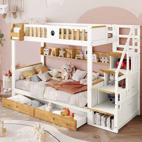 Lit Superposé Enfant 90x200 Cm, Escalier Rangement, 4 Armoires, 2 Tiroirs, Pin/mdf, Blanc/naturel