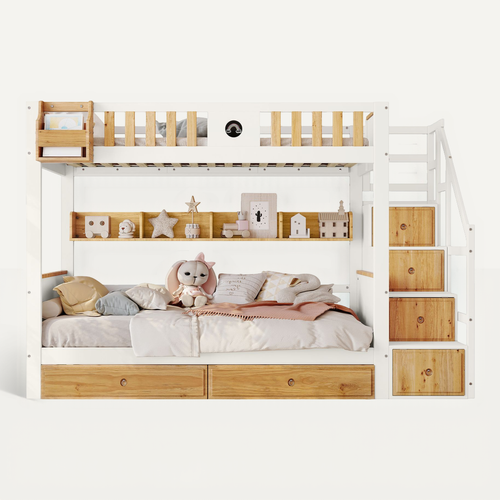 Lit Superposé Enfant 90x200 Cm, Escalier Rangement, 4 Armoires, 2 Tiroirs, Pin/mdf, Blanc/naturel