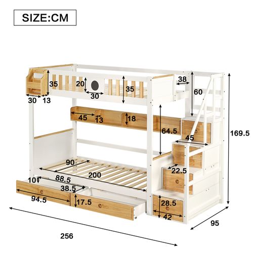 Lit Superposé Enfant 90x200 Cm, Escalier Rangement, 4 Armoires, 2 Tiroirs, Pin/mdf, Blanc/naturel