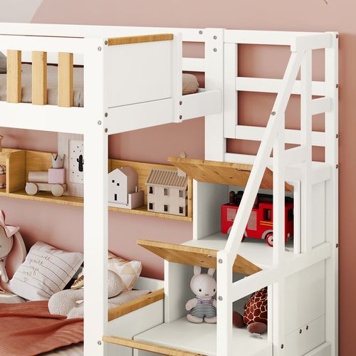 Lit Superposé Enfant 90x200 Cm, Escalier Rangement, 4 Armoires, 2 Tiroirs, Pin/mdf, Blanc/naturel