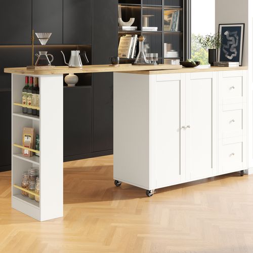Meuble Bar Pivotant Extensible Avec 3 Tiroirs Et Support à Snacks, Table Haute Moderne, Mdf, Blanc