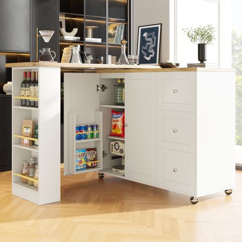 Meuble Bar Pivotant Extensible Avec 3 Tiroirs Et Support à Snacks, Table Haute Moderne, Mdf, Blanc