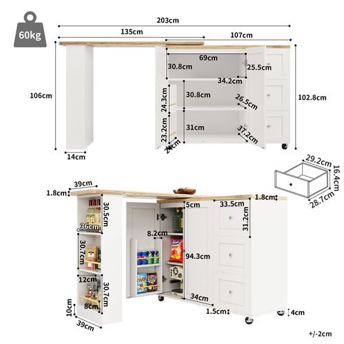 Meuble Bar Pivotant Extensible Avec 3 Tiroirs Et Support à Snacks, Table Haute Moderne, Mdf, Blanc