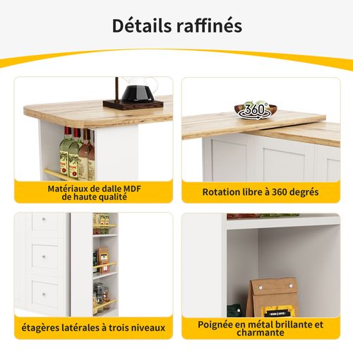 Meuble Bar Pivotant Extensible Avec 3 Tiroirs Et Support à Snacks, Table Haute Moderne, Mdf, Blanc