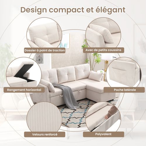 Canapé D’angle Convertible L, Coffres Rangement, Assise Mousse, Velours Doux - Beige