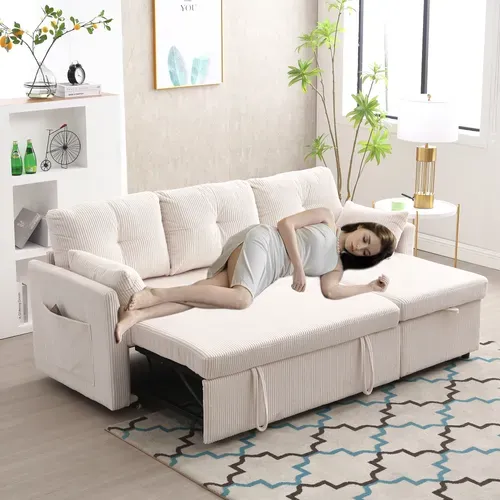 Canapé D’angle Convertible L, Coffres Rangement, Assise Mousse, Velours Doux - Beige