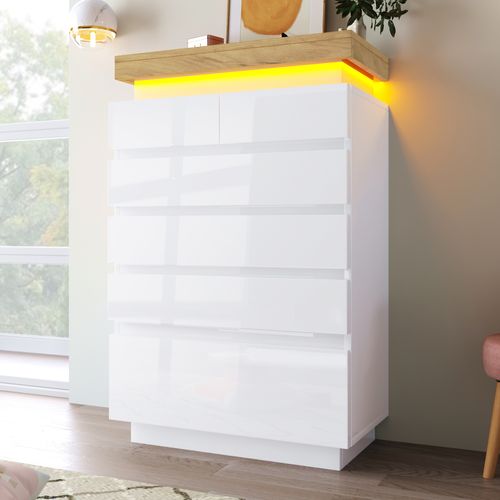 Commode 6 Tiroirs Avec LED Et Finition Brillante - Blanc