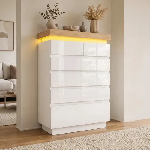Commode 6 Tiroirs Avec LED Et Finition Brillante - Blanc