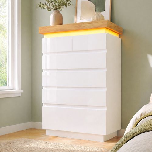 Commode 6 Tiroirs Avec LED Et Finition Brillante - Blanc