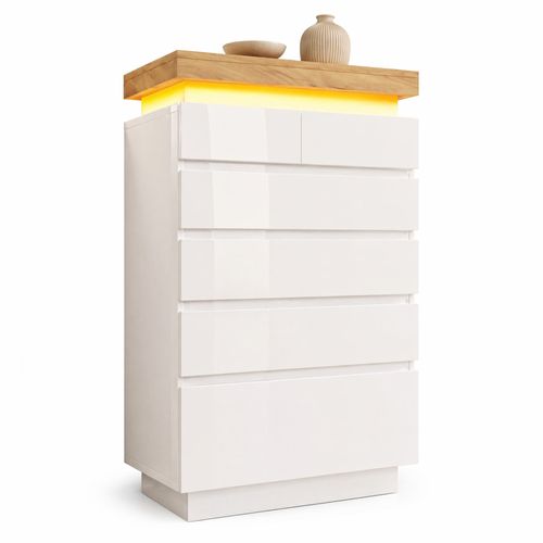 Commode 6 Tiroirs Avec LED Et Finition Brillante - Blanc