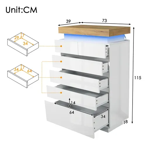 Commode 6 Tiroirs Avec LED Et Finition Brillante - Blanc