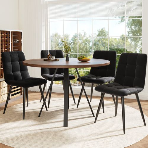 Table à Manger Ronde Avec Pieds En Métal Noirs, Plateau En Bois Finition Noyer – Brun