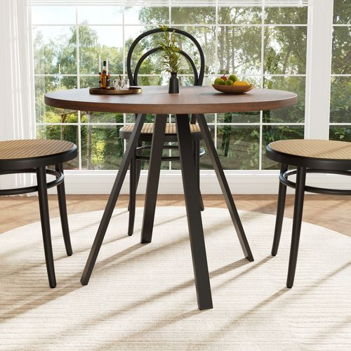 Table à Manger Ronde Avec Pieds En Métal Noirs, Plateau En Bois Finition Noyer – Brun