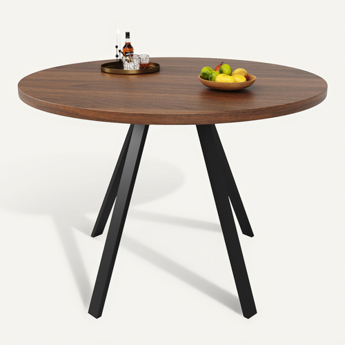 Table à Manger Ronde Avec Pieds En Métal Noirs, Plateau En Bois Finition Noyer – Brun