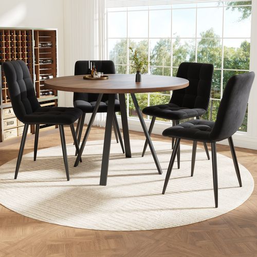 Table à Manger Ronde Avec Pieds En Métal Noirs, Plateau En Bois Finition Noyer – Brun