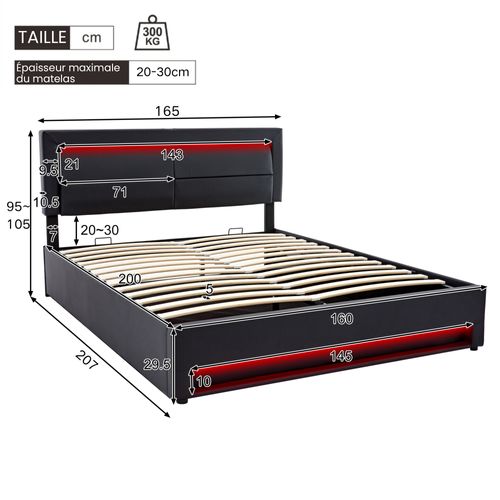 Lit Coffre Double 160x200 Cm - Capitonné Avec Port USB Et LED - Similicuir - Noir